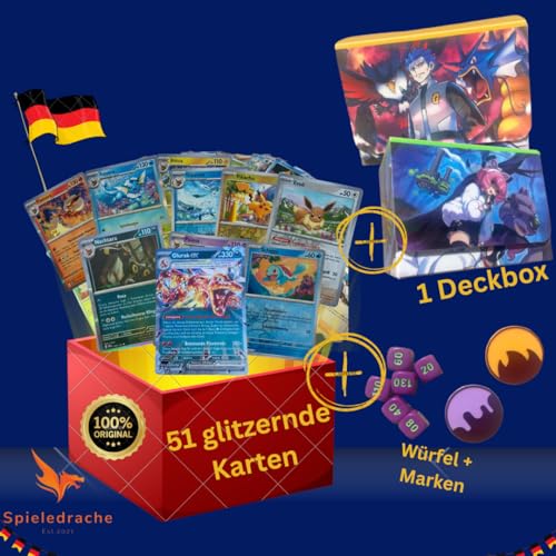 51 Glitzerne Pokemon Karten Spieledrache Deutsch 1 V/EX, 10 glitzernde Holos, 40 glitzernde Reverse Holos Sammeln Ultra Seltene Geschenk Highlight Kinder (Standard Pack + Aufbewahrungsbox) von Generisch