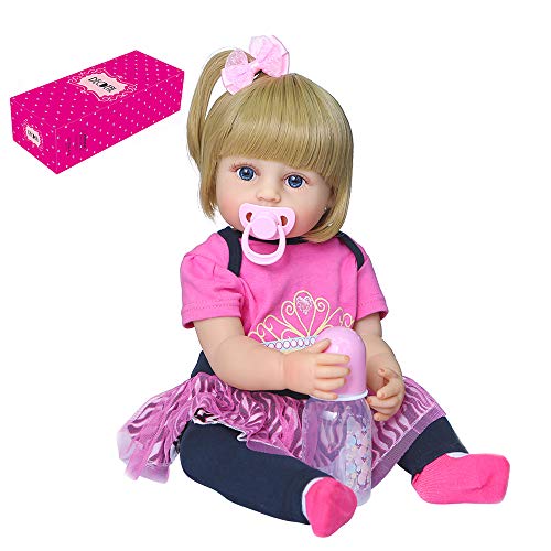 55,9 cm Vollsilikon Vinyl Babypuppe mit echter Babykleidung betreten Wasser beweglich handgemaltes Gesicht synthetische Perücke Geschenk inklusive Puppe, Schnuller, Flasche, Kostüme von Generisch