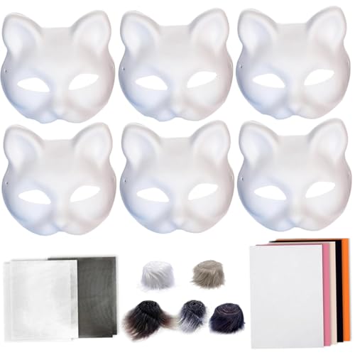 6 Pack Blanko DIY Katzenmasken zum Bemalen, Reinweiß PVC Handbemalbare Anime Halbgesichtsmasken mit Klebestoff & Netztuch für Halloween Cosplay Karneval von Generisch