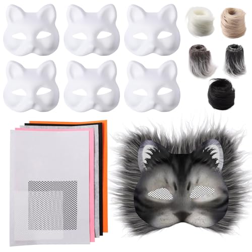 6 Stück Katzenmaske Mit Augen Mesh Pelz Bart, Tier Katze DIY Set Zum Malen Filz, Kunsthandwerk Kit, Blank Gesicht Kostüm für Maskerade, Schminke Karneval von Generisch