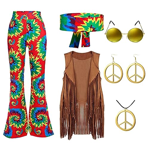60er 70er Jahre Hippie Kostüm Damen Set mit Fransenweste Schlaghose Damen 70er Hippie Accessoires Hippie Kleidung Damen Kostüm 70er Jahre Bekleidung Damen Disco Outfit Karneval Faschingskostüm von Generisch