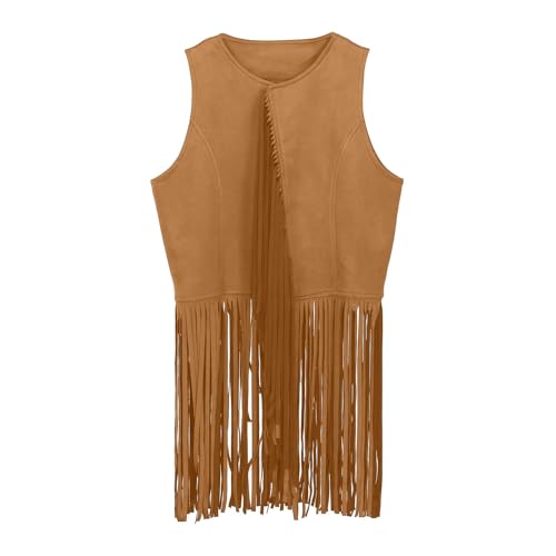 60er 70er Western Cowboy Cowgirl Weste Outfits Hippie Kostüm Set Kinder Mädchen Fransen Quaste Weste Cosplay Party Kostüm Baby Shirt Bedrucken (Khaki, 11-12 Years) von Generisch