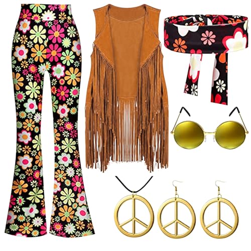 7 Stücke 70er Jahre Frauen Hippie Kostüm Set beinhaltet Fransen Weste Tasche Hose Stirnband Frieden Zeichen Halskette Ohrringe Sonnenbrille für Halloween Fasching KostüM FastnachtskostüMe Damen Xxl von Generisch