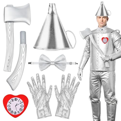 7-teiliges Kostümzubehör aus Zinn, Halloween-Kostüm-Set mit Hut, Handschuhen, Strumpf, Halskette, Fliege, Axt, Blech-Kostüm-Set für Halloween, Cosplay für Kinder von Generisch