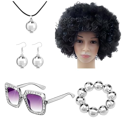 70S Disco Kostüm - Kostüm Set Disco Ball | PP 1970er Jahre Discos Accessoires für Frauen | Faserkostüme DJ Accessoires Halskette, Afroperiere, Ohren, Armband für Männer, Retro -Parteien Frauen 70S Disco Kostüm - Kostüm Set Disco Ball | PP 1970er Jahre Discos Accessoires für Frauen | Faserkostüme DJ Accessoires Halskette, Afroperiere, Ohren, Armband für Männer, Retro -Parteien Frauen von Generisch