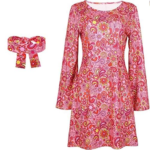 70er 60er Jahre Rock Stirnband Set 70er Jahre Kostüm Halloween Damen Kostüm Mädchen Grün Mittelalter Kleider für Damen (Hot Pink, XL) von Generisch