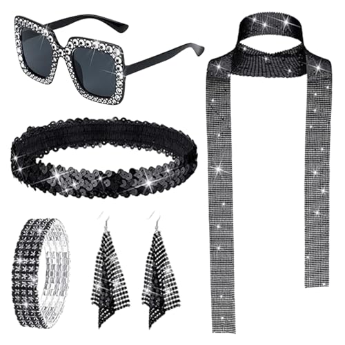 70er-Jahre-Schmuck für Damen, 70er-Jahre-Accessoires für Damen|70er-Jahre-Disco-Accessoires Damen-Kostümschmuck | Paillettenschal, Sonnenbrille, Stirnband und Ohrringe für 50/60/70er-Mottoparty, Geb von Generisch