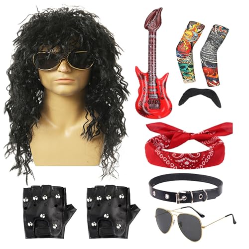 80er Jahre Rocker Kostüm - Halloween Outfit, 10pcs Party Set | Retro Rockstar Accessoires Kit mit Perücke Stirnband Sonnenbrillen Handschuhe Ärmel Bart Kragen Gitarren Requisiten für Männer von Generisch