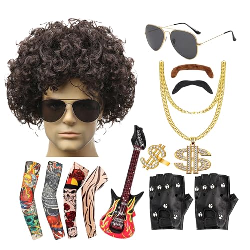 80er-Jahre-Rocker-Kostüm-Set,80er-Jahre-Rocker-Kostüm für Herren | Rockstar-Zubehör 13-teilige Rock-80er-Jahre-Kostüme - Mottopartys 80er-Jahre-Outfits, 80er-Jahre-Kostüme für Männer, Halloween-Party von Generisch