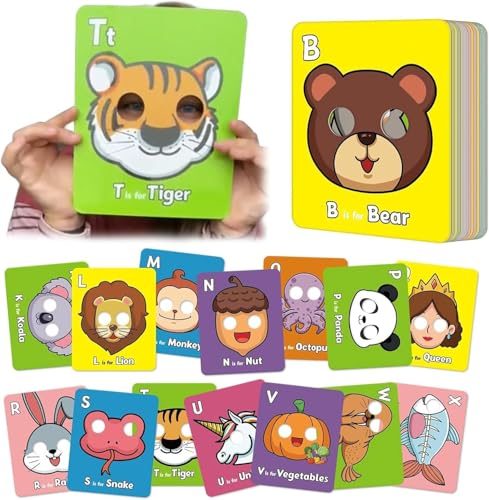 Alphabet-ABC-Karteikarten mit Tiermasken, bunte Alphabet-Maskenkarten, interaktive Lernspiele, Buchstaben lernen, englische Sätze, 26 Stück von Generisch