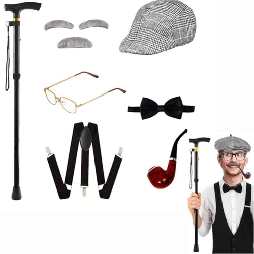 Alter Mann Kostüm für Kinder 100 Schultag Kostüm für Jungen - Lustiges Opa Cosplay Zubehör für Kinder Auftritt (Gold, 7-teilig) von Generisch