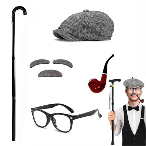 Alter Mann Kostüm für Kinder 100 Schultag Kostüm für Jungen - Lustiges Opa Cosplay Zubehör für Kinder Auftritt (Schwarz, 5-teilig) von Generisch