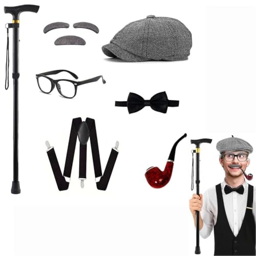 Alter Mann Kostüm für Kinder 100 Schultag Kostüm für Jungen - Lustiges Opa Cosplay Zubehör für Kinder Auftritt (Schwarz, 7-teilig) von Generisch