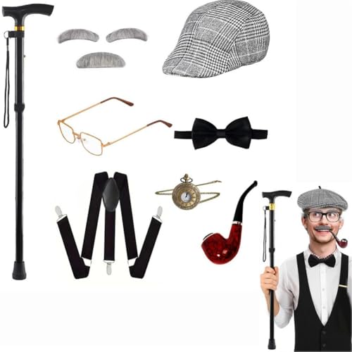 Alter Mann Kostüm für Kinder 100 Schultag Kostüm für Jungen - Lustiges Opa Cosplay Zubehör für Kinder Performance (Gold, 8-teilig) von Generisch