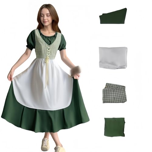 Amish Kleider für Damen, pastorales Karomuster Kleid mit Schürze, Mittelalterkleid mit Schnürung und Puffärmeln für Halloween (Grün, XXL) von Generisch