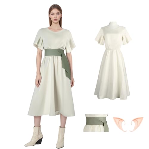 Anime Cosplay Elfenkleid mit Elfenohren, V-Ausschnitt, Kleid, Outfits mit Gürtel, für Halloween, Karneval, Party (Beige, M) von Generisch