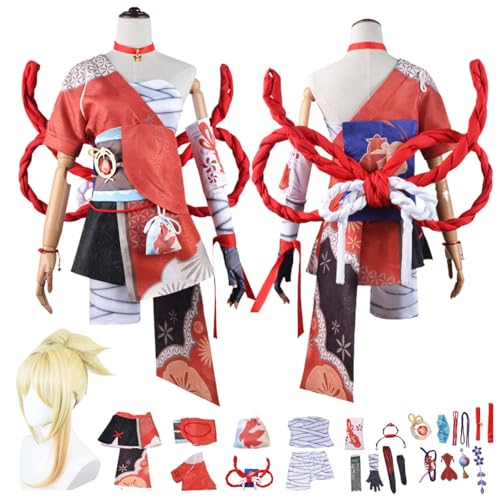 Anime G'enshin Impact Naganohara Yoimiya Cosplay Kostüm Rollenspiel Outfit mit Perücke Kleid Zubehör Set Halloween Comic Con Party Karneval Uniform für Erwachsene Kinder Unisex Anzug von Generisch