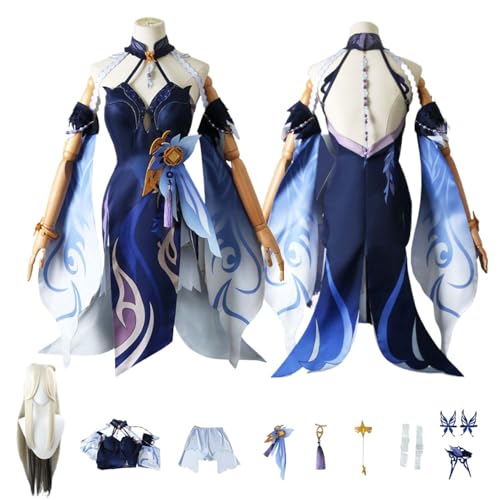 Anime G'enshin Impact Ningguang Cosplay Kostüm Rollenspiel Outfit mit Perücke Kleid Zubehör Set Halloween Comic Con Party Karneval Uniform für Erwachsene und Kinder Unisex Anzug von Generisch