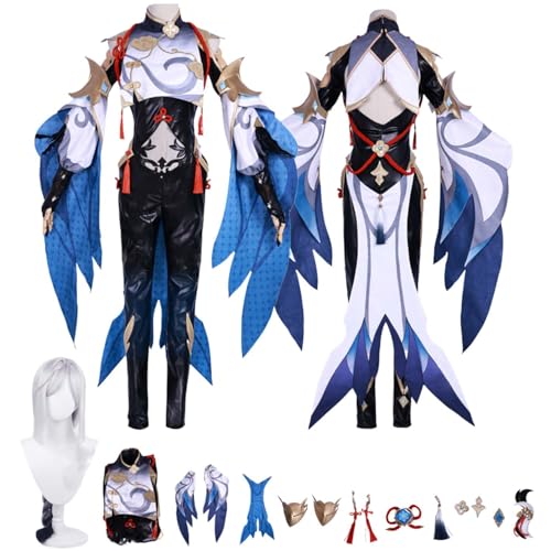 Anime G'enshin Impact Shenhe Cosplay Kostüm Rollenspiel Outfit mit Perücke Overall Hose Zubehör Set Halloween Comic Con Party Karneval Uniform für Erwachsene Kinder Unisex Anzug von Generisch
