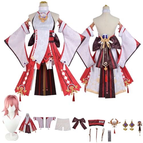 Anime G'enshin Impact Yae Miko Cosplay Kostüm Rollenspiel Outfit mit Perücke Kleid Zubehör Set Halloween Comic Con Party Karneval Uniform für Erwachsene Kinder Unisex Anzug von Generisch