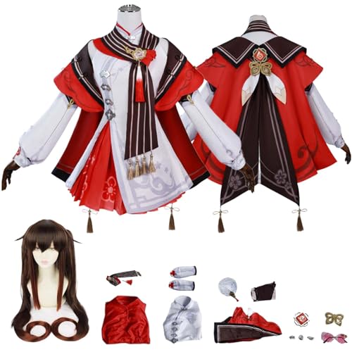 Anime Genshin Impact Hu Tao Cosplay Kostüm Rollenspiel Outfit mit Perücke Kleid Brille Zubehör Set Halloween Comic Con Party Karneval Uniform für Erwachsene Kinder Unisex Anzug von Generisch