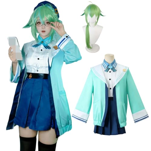 Anime Genshin Impact Spielfigur Sucrose Cosplay Kostüm für Kinder Erwachsene und Frauen Outfit mit Perücke Hut Accessoires komplettes Set Halloween Weihnachten Karneval Schuluniform von Generisch