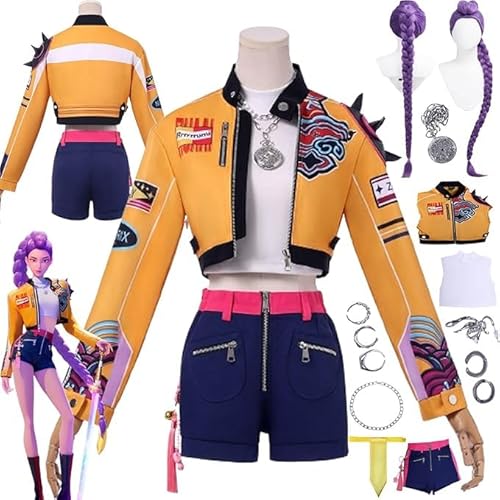 Anime KPop Demon Hunter Rumi Cosplay Costume Outfit Mira Role Play Uniform Complete Set Halloween Party Carnival Dress Up Suit with Wig Ring Earrings for Women (yellow, XXL) von Generisch