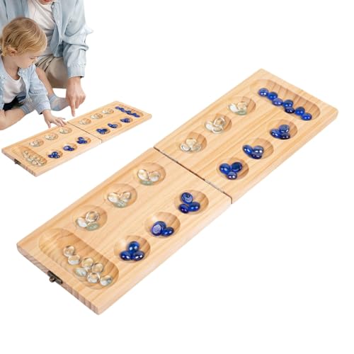 Antikes Schachspiel, Mancala-Brettspiel für Erwachsene, Faltbares Mancala-Spiel-Schachspiel aus Holz mit 48 Glasperlen, Neuheits-Brettspiele mit Schnallenverschluss, pädagogisches, multifunktionales, von Generisch