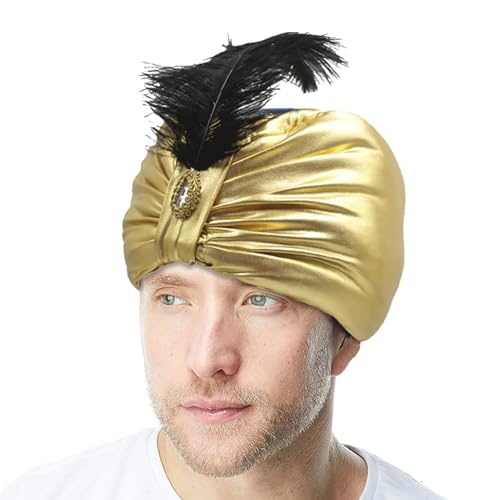 Araber Hut - Gold -Stempel -Turban | Sultan Vintage Kopfbedeckung | Ethnische Federkostümzubehör für Erwachsene Teenager Männer Frauen | Unisex Neuheit Hut für Halloween Ostern Indian von Generisch