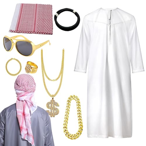 Araber-Kostüm, für Herren, Nahöstliches Kostüm mit langem Tunika-Kopfschmuck, kreatives -Kleidung, Stirnband-Set für Versammlungen, Verkleidungen Araber-Kostüm, für Herren, Nahöstliches Kostüm mit langem Tunika-Kopfschmuck, kreatives -Kleidung, Stirnband-Set für Versammlungen, Verkleidungen von Generisch