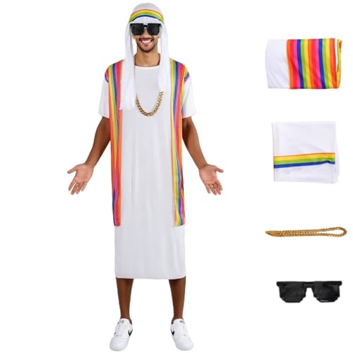 Arabisches Kostüm, Arabische Kostüme Scheich Robe mit Kopftuch & Halskette & Sonnenbrille, Fasching Arabisches Kleid für Herren Halloween Karneval Party (Weiß, Einheitsgröße) von Generisch