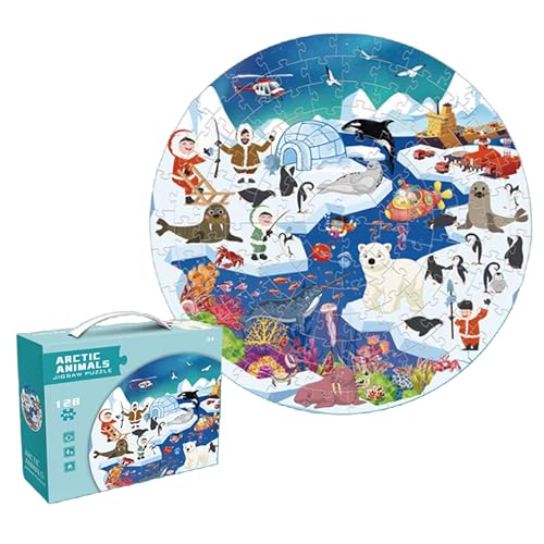 Arctic Animals Round Jigsaw Puzzle, 128 Teile, pädagogische Ozeanlebensszene mit Eisbären und Pinguinen, ab 4 Jahren von Generisch