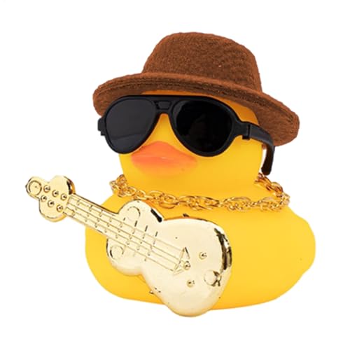 Armaturenbrett-Ente, weiche Gummi-Auto-Ente Armaturenbrett-Dekoration mit Quietschelement, gelbe Ente, Armaturenbrett-Dekorationen, Auto- -Zubehör mit Hut, Musikinstrument, Halskette, Sonnenbrille von Generisch