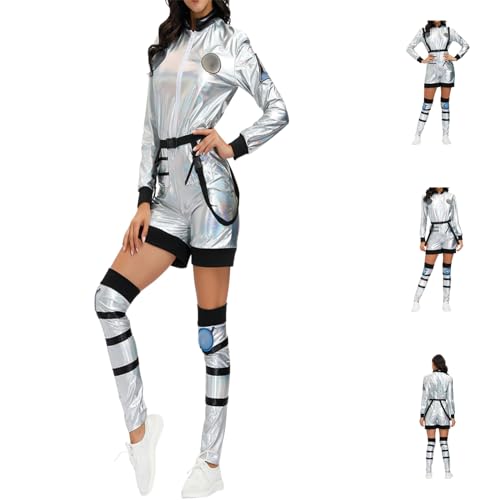 Astronaut Kostüm Damen Silber Weltraum Kostüm Erwachsene Space Weltall Kostüm Karneval Kostüme Space Girl Kostüm Damen Jumpsuit Astronauten Kostüm Raumfahrer Overall Fasching Halloween Kostüm von Generisch