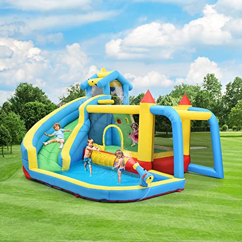 Aufblasbares Schloss für Kinder mit Gebläse – Multifunktions-Wasserpark mit Trampolin, Rutsche, Springbrunnen, Sonnenzelt und Wasserpistole – inklusive 450 W Gebläse (Stil 1) von Generisch