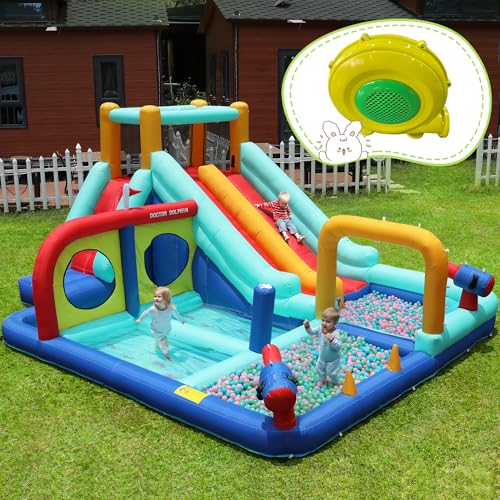 Aufblasbares Schloss für Kinder mit Gebläse – Multifunktions-Wasserpark mit Trampolin, Rutsche, Springbrunnen, Sonnenzelt und Wasserpistole – inklusive 450 W Gebläse (Stil 3) von Generisch