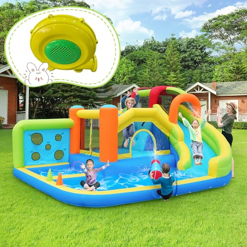 Aufblasbares Schloss für Kinder mit Gebläse – Multifunktions-Wasserpark mit Trampolin, Rutsche, Springbrunnen, Sonnenzelt und Wasserpistole – inklusive 450 W Gebläse (Stil 4) von Generisch