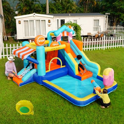 Aufblasbares Schloss für Kinder mit Gebläse – Multifunktions-Wasserpark mit Trampolin, Rutsche, Springbrunnen, Sonnenzelt und Wasserpistole – inklusive 450 W Gebläse (Stil 5) von Generisch
