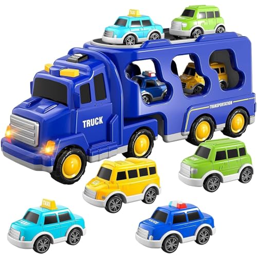 BAU LKW Spielzeug für Kleinkinder, 5 in 1 Transporter Reibung Power Spielzeug Auto, Bagger, Bulldozer, Kran&Mixer, Kleinkindautos Spielzeug Konstruktion Transporter für Kinder 3-5 (Blau) von Generisch