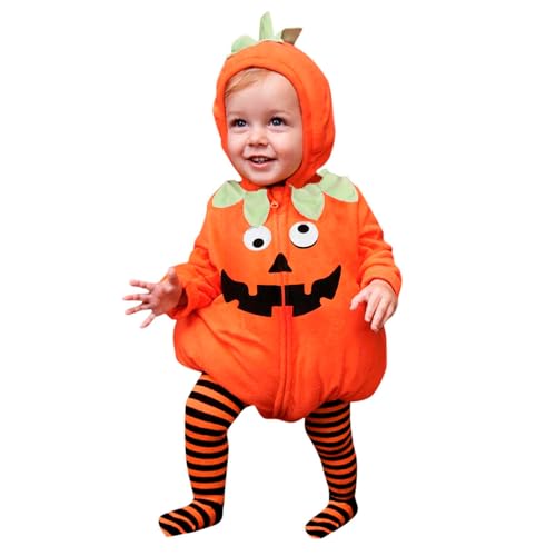 Baby Halloween Kostüm Kinder Halloween Kürbiskostüm Halloweens Baby Kleidung Jungen Mädchen Pumpkin Body Overall mit Kapuzen + Gestreifte Leggings Winter Outfit Kleinkinder (19 Orange, 6-9 Months) von Generisch