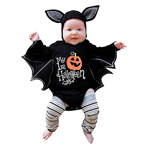 Baby Halloween Kostüm Pumpkin Costume Kinder Jungs Mädchen Fledermaus Ärmel Strampler Für Kleinkinder Kürbis Print Fledermaus Faschingskostuem Meine Ersten Halloween 0-6 Monate von Generisch
