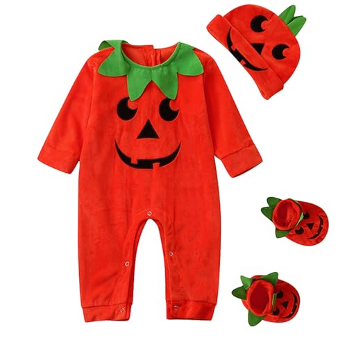 Baby Halloween Kürbiskostüm, Halloween Kostüm Baby Kleidung Jungen Mädchen Pumpkin Body Overall Pumpkin Top Outfit Kostüm Strampler Bodysuit Jumpsuit Sets für Neugeborenes (A10-Orange, 3-6 Months) von Generisch