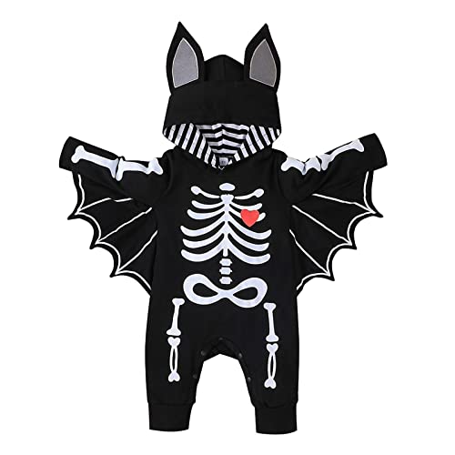 Baby Kostüm Halloween Fledermaus Kostüm Langarm Infant Strampler Set Hut Baby Strampler Neugeborene Halloweens Outfit Kleinkind Karneval Party für Jungen Mädchen Babies (Black-M, 6-9 Months) von Generisch