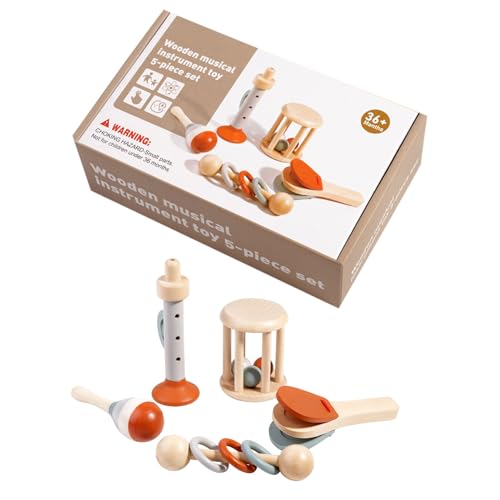 Baby-Musikinstrumente 5 Stück Montessori-Holzspielzeug Percussion Set mit Maracas Trompete Kastagnetten Entwicklungstoy für Babies 0-36 Monate Geschenkidee Pädagogisches Spielzeug von Generisch