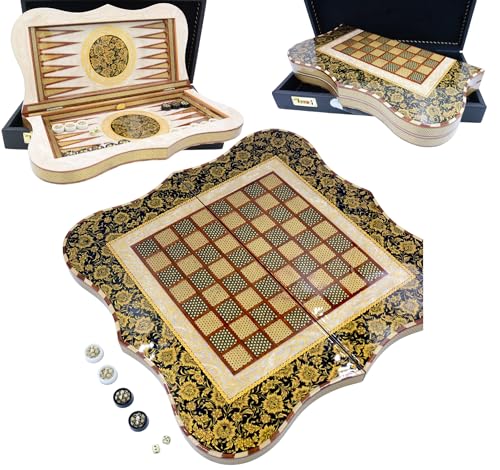 Backgammon | Schachbrett | Handgefertigt | Handbemalt | Khatam Intarsienkunst | Gelbes Blumenmuster | 50 * 50 * 7.5 cm | Mit Schutzkoffer, Würfeln & Steinen | BG23124 von Generisch