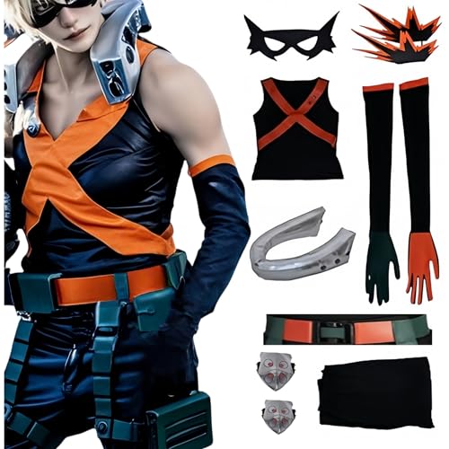 Bakugo Cosplay-Kostüm, Bakugou MHA-Outfit mit Maske und Handschuhen, Midoriya Friend BNHA, Cosplay, komplettes Set, Overall für Halloween, Orange + Schwarz, Größe M von Generisch