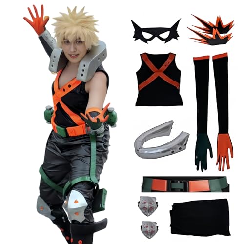 Bakugo Cosplay-Kostüm, Bakugou MHA-Outfit mit Maske und Handschuhen, Midoriya Friend BNHA, Cosplay, komplettes Set, Overall für Halloween, Orange + Schwarz, Größe S von Generisch