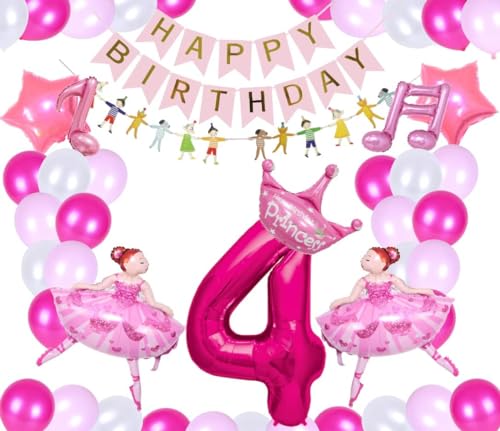 Ballerina Ballet Prinzessin Mädchen Deko mit Riesenzahl 4 Pink Folienballon Ballon mädchen Musik Noten Tanzen Tanz rosa 4 Geburtstag Dekoration Pink Happy Birthday Balet beauty 4. Party (Zahl 4) von Generisch