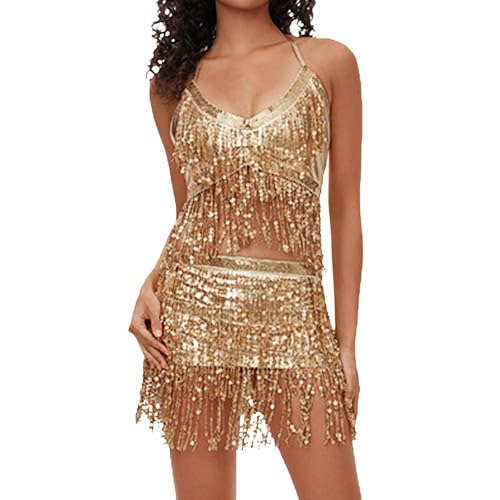 Bauchtanzkostüm für Damen, Hüfttuch mit Fransen Midirock (Gold, One Size) von Generisch