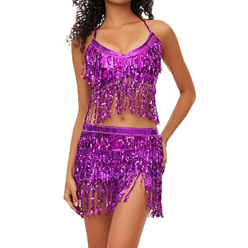 Bauchtanzkostüm für Damen, Hüfttuch mit Fransen Midirock (Purple, One Size) von Generisch